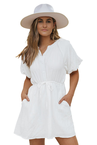 White Puff Sleeve Drawstring Shirt Dress with Pockets-Dresses-MomFashion