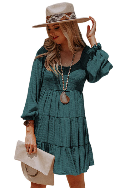 Mist Green Bishop Sleeve Smocked Tiered Mini Dress-Dresses-MomFashion