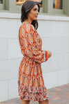 Orange Western Pattern Print Lantern Sleeve Drawstring Mini Dress-Dresses-MomFashion