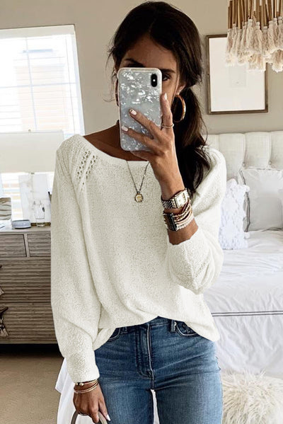 White Long Sleeve Cutout Shoulder Relaxed Sweater-Tops-MomFashion