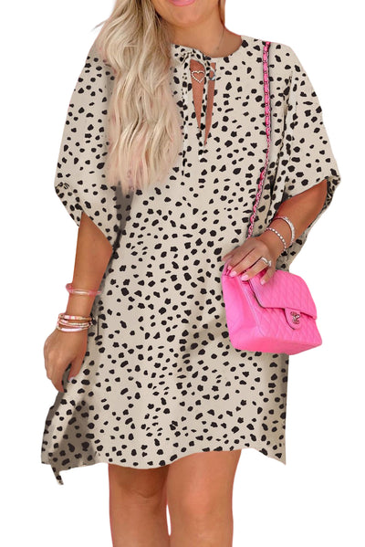 Khaki Animal Print Half Sleeve Shift Dress-Dresses-MomFashion