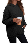 Black Solid Color Quilted Kangaroo Pocket Hoodie-Tops-MomFashion