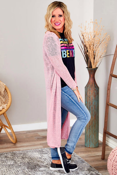 Pink Sheer Knitted Long Side Slit Plus Size Cardigan-Plus Size-MomFashion