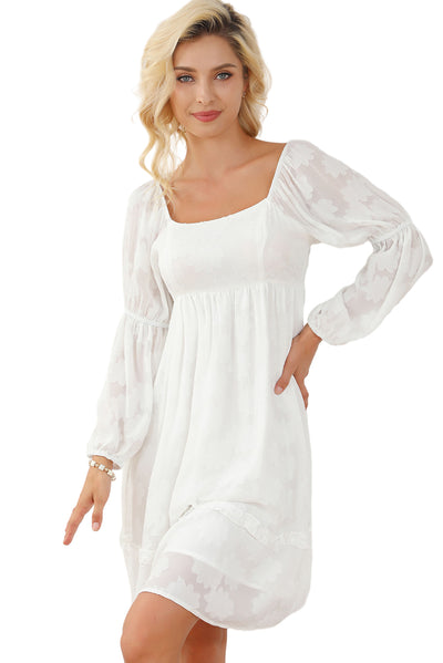 White Jacquard Square Neck Bubble Sleeve Dress-Dresses-MomFashion