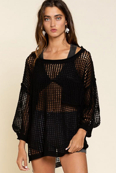 Black Fishnet Hollow-out Long Sleeve Beach Cover up-Swimwear-MomFashion