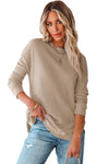 Apricot Crew Neck Ribbed Trim Waffle Knit Top-Tops-MomFashion