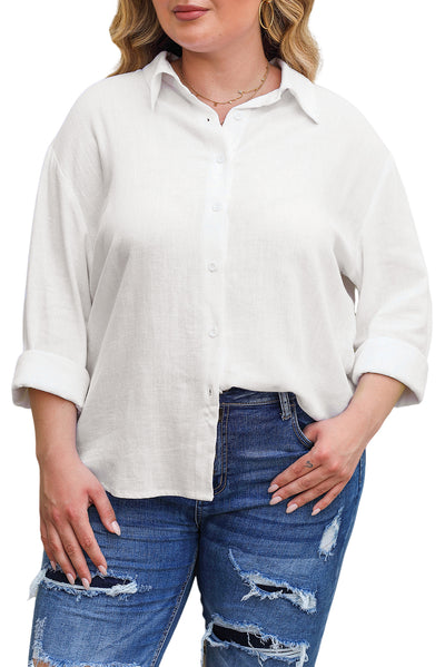 White Plus Size Linen Textured Button Up Shirt-Plus Size-MomFashion