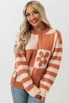 Brown Checkered Floral Print Striped Sleeve Sweater-Tops-MomFashion