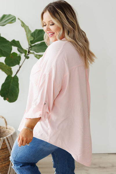 Pink Flap Pocket Tab Sleeve Button-Down Plus Size Shirt-Plus Size-MomFashion