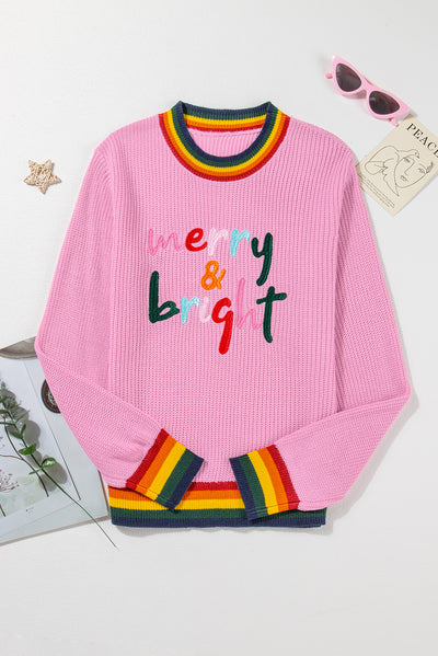 Bonbon Merry & Bright Colorful Stripes Trim Sweater-Tops-MomFashion