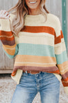 Crew Neck Drop-shoulder Striped Color Block Sweater-Tops-MomFashion