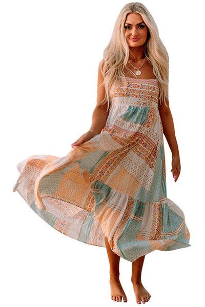 Multicolor Boho Patchwork Print Square Neck Sundress-Dresses-MomFashion