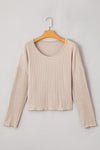 Beige Lettuce Cuffs Drop Shoulder Loose Ribbed Knit Top-Tops-MomFashion