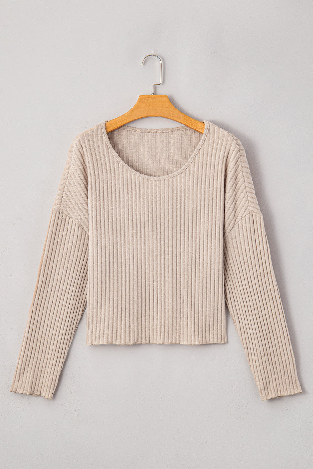 Beige Lettuce Cuffs Drop Shoulder Loose Ribbed Knit Top-Tops-MomFashion