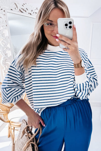 Blue Stripe Drop Shoulder Crew Neck Loose Sweatshirt-Tops/Sweatshirts & Hoodies-MomFashion