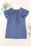 Blue Tiered Ruffled Drawstring V Neck Top-Tops-MomFashion