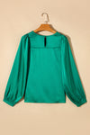 Green Satin Puff Long Sleeve Crewneck Blouse-Tops-MomFashion