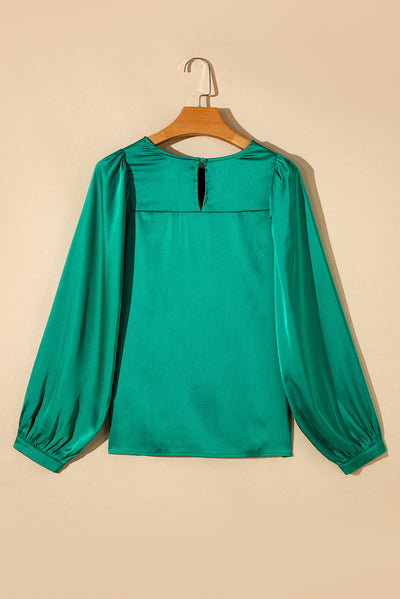 Green Satin Puff Long Sleeve Crewneck Blouse-Tops-MomFashion