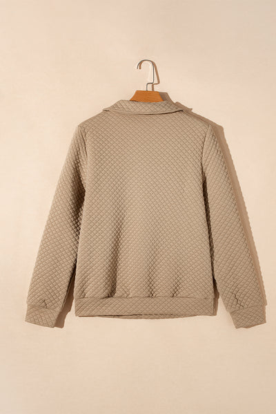 Pale Khaki Solid Half Zipper Quilted Pullover Sweatshirt-Tops-MomFashion