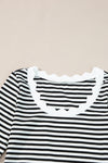 Black Striped Contrast Scallop Trim Half Sleeve T-shirt-Tops-MomFashion