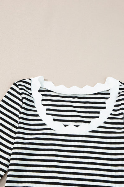 Black Striped Contrast Scallop Trim Half Sleeve T-shirt-Tops-MomFashion