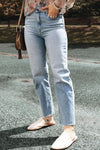 Light Blue Acid Wash Raw Edge Straight Jeans-Bottoms-MomFashion