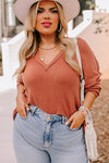 Gold Flame Plus Size Exposed Seam V Neck Long Sleeve Top-Plus Size-MomFashion