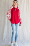 Fiery Red Heart Striped Raglan Sleeve Henley Top-Tops-MomFashion