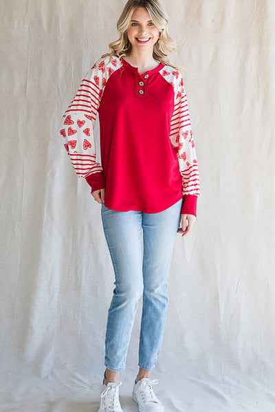 Fiery Red Heart Striped Raglan Sleeve Henley Top-Tops-MomFashion