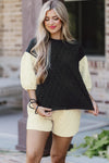 Black Color Block Quilted 3/4 Sleeve Top and Shorts Set-Loungewear-MomFashion