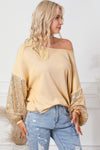 Apricot Sequin Patchwork Sleeve Open Back Waffle Knit Top-Tops-MomFashion