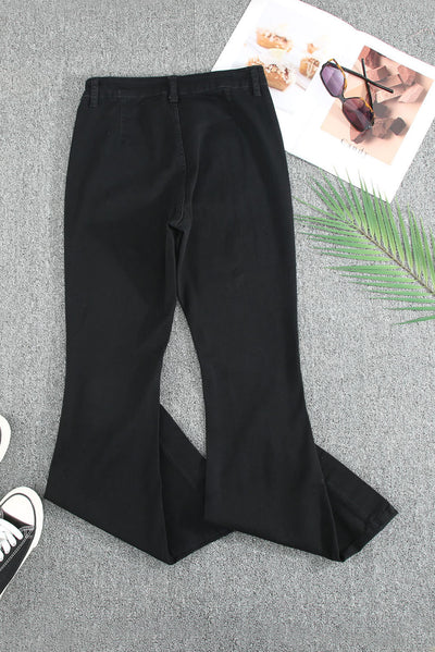 Black Vintage Casual Pocket Flared Jeans-Bottoms-MomFashion