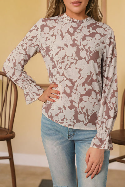 Light French Beige Floral Print Frilled Neckline Flounce Sleeve Blouse-Tops-MomFashion