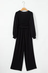 Black Cutout Back Belted V Neck Wide Leg Jumpsuit-Bottoms-MomFashion