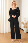 Black Square Neck Smocked Peplum Top and Pants Set-Loungewear-MomFashion