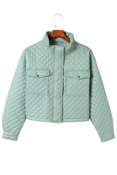 Green Quilted Pocketed Zip-up Cropped Jacket-Outerwear-MomFashion