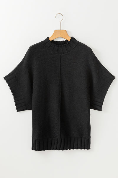 Black Mock Neck Batwing Short Sleeve Knit Sweater-Tops-MomFashion