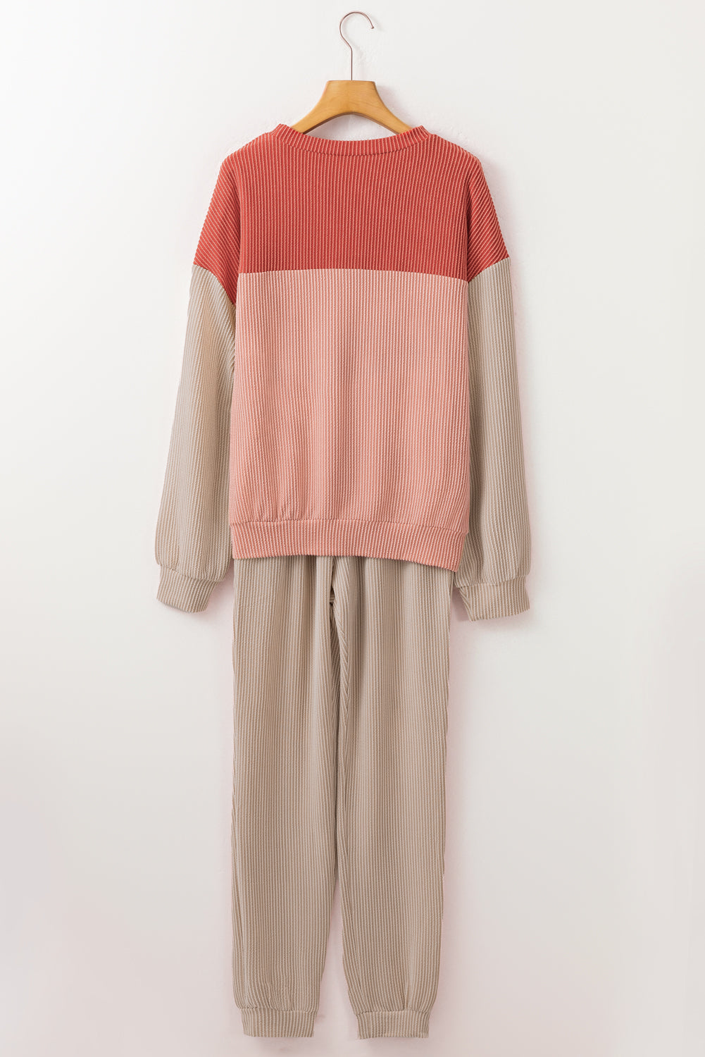 Fiery Red Corded 2pcs Colorblock Pullover and Pants Outfit-Loungewear-MomFashion