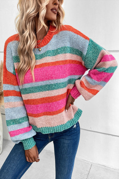 Multicolor Striped Knit Drop Shoulder Puff Sleeve Sweater-Tops-MomFashion