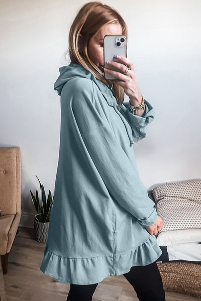 Iceland Blue Solid Ruffled Hem Loose Fit Tunic Hoodie-Tops/Sweatshirts & Hoodies-MomFashion