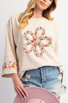 Beige Flower Patch Graphic Exposed Seam Wide Sleeve Top-Graphic/Graphic Long Sleeve Tees-MomFashion