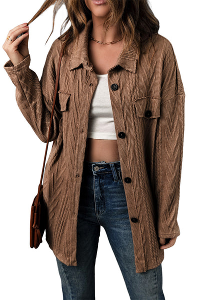 Khaki Oversize Textured Knit Button Front Shacket-Outerwear-MomFashion