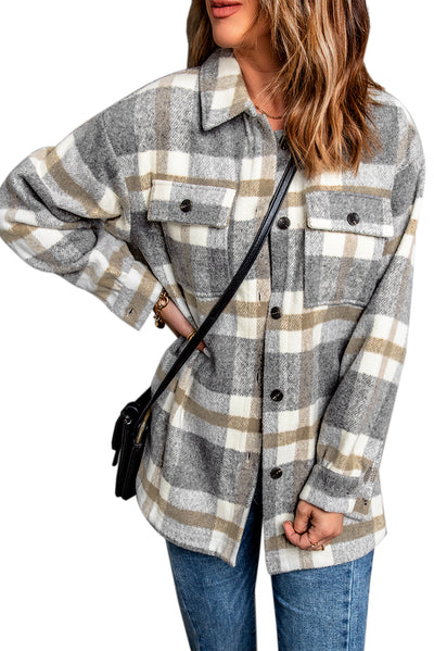 Brown Plaid Print Pocket Women Shacket-Outerwear-MomFashion