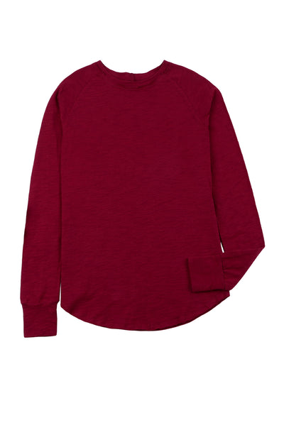 Red Solid Crew Neck Long Sleeve Top-Tops-MomFashion