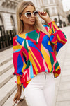 Multicolor Abstract Print Smocked Puff Sleeve Blouse-Tops-MomFashion