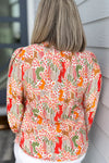 Orange Printed Floral Abstract Print Frilled V Neck Plus Size Blouse-Plus Size-MomFashion