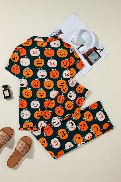 Orange Halloween Pattern Short Sleeve Shirt Pajama Set-Loungewear & Sleepwear/Sleepwear-MomFashion