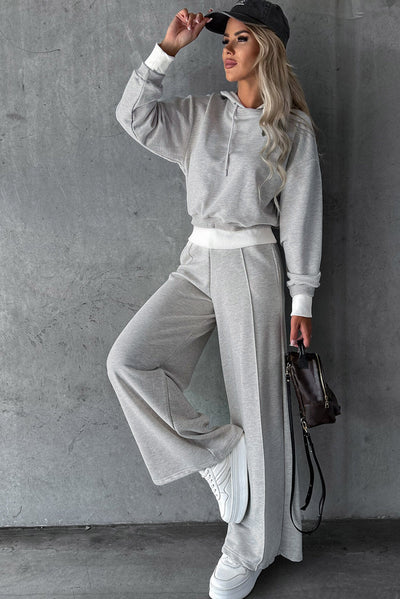 Beige Drawstring Hoodie Splicing Wide-Leg Pants Two Piece Set-Loungewear-MomFashion