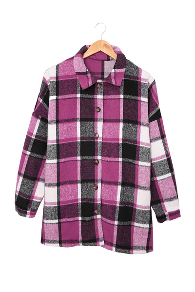 Rose Plaid Print Buttoned Shirt Jacket-Outerwear-MomFashion