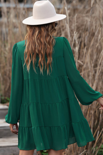 Green Puff Sleeve Mock Neck Back Knot Tiered Dress-Dresses-MomFashion